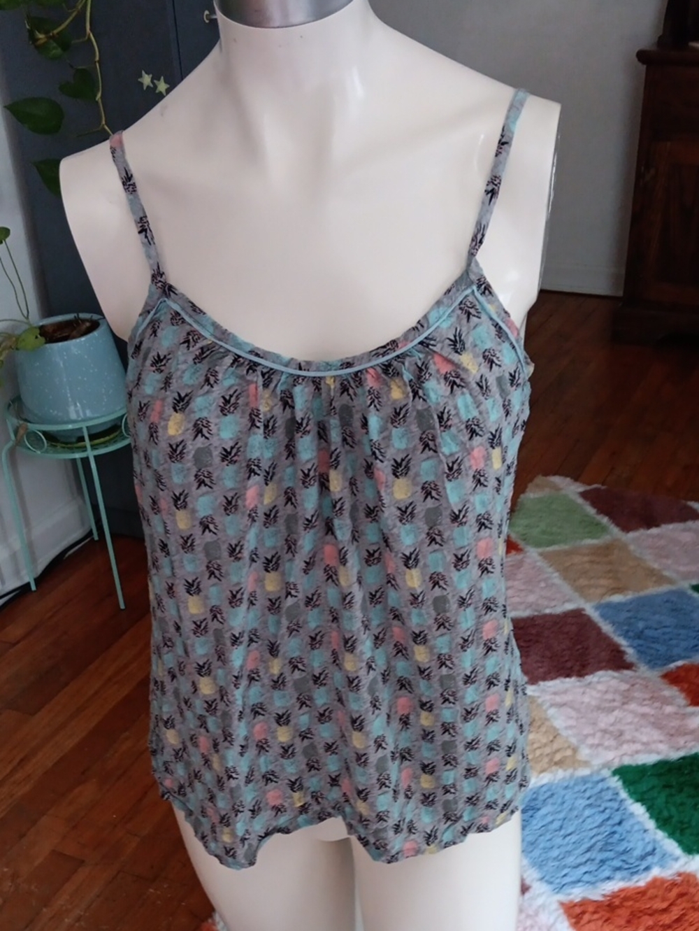 Ambrielle Light Blue Multi-Print Spaghetti Strap Camisole Pajama Top